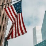 A U.S. Flag hangs in front of a New York Court building