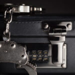 A pair of handcuffs atop a locked briefcase